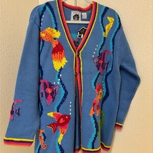 Storybook Knits Handknit Fish Cardigan Sweater L NWT